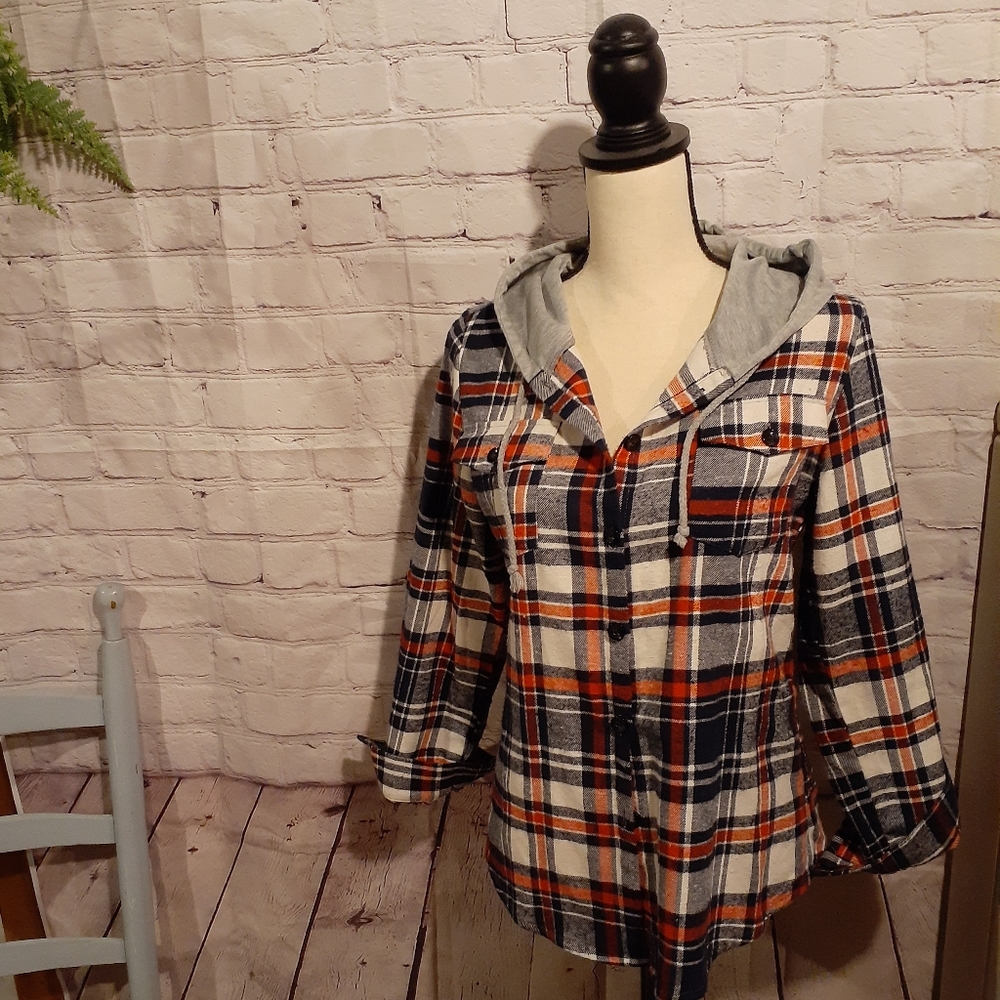 Hooded plaid button up